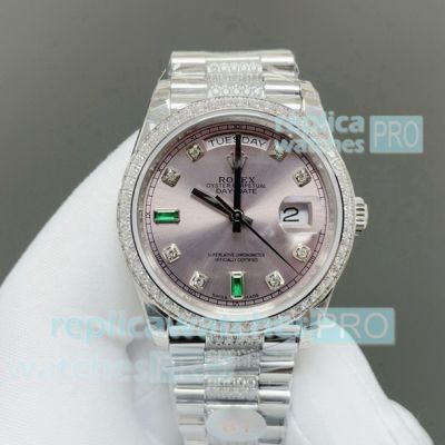 8+ Factory Luxury Replica Rolex Day-Date 36 Gain Weight Diamond Watch Rhodium and Emerald 